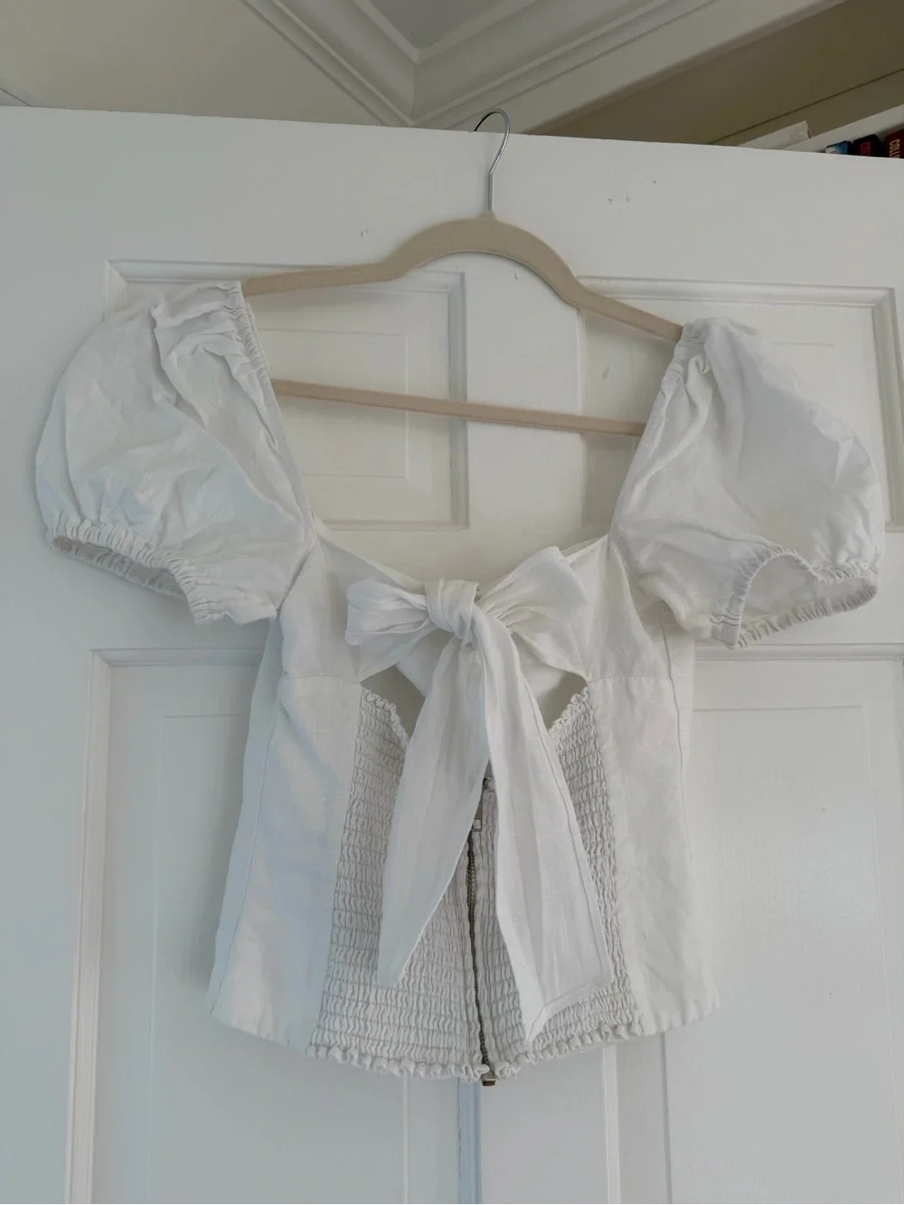 Reformation White Puff-Sleeve Tie-Back Linen Top